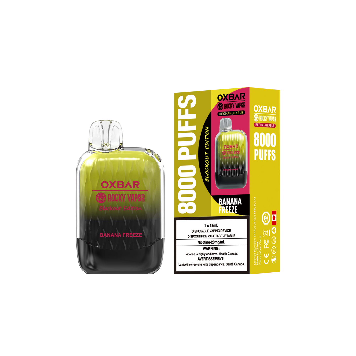 Oxbar Rocky Vapor G 8000 8000 Puffs Banana Freeze Vape jetable rechargeable 20 mg