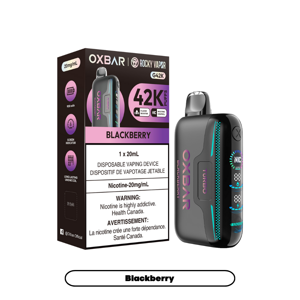 Oxbar Rocky Vapor G42k Mûre 42K Bouffées Nicotine Réglable Rechargeable Vape Jetable 20Mg