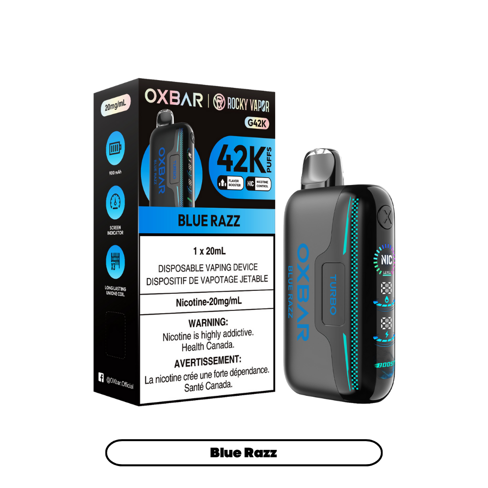 Oxbar Rocky Vapor G42k Framboise Bleue 42K Bouffées Vape jetable rechargeable à nicotine réglable 20mg