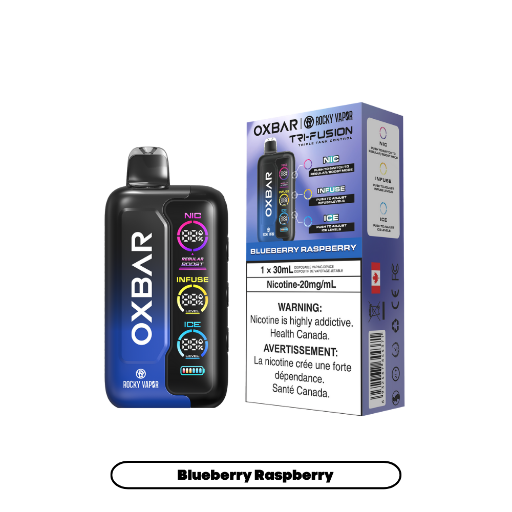 Oxbar Rocky Vapor Tri Fusion - Vape jetable rechargeable à la myrtille et à la framboise 20 mg