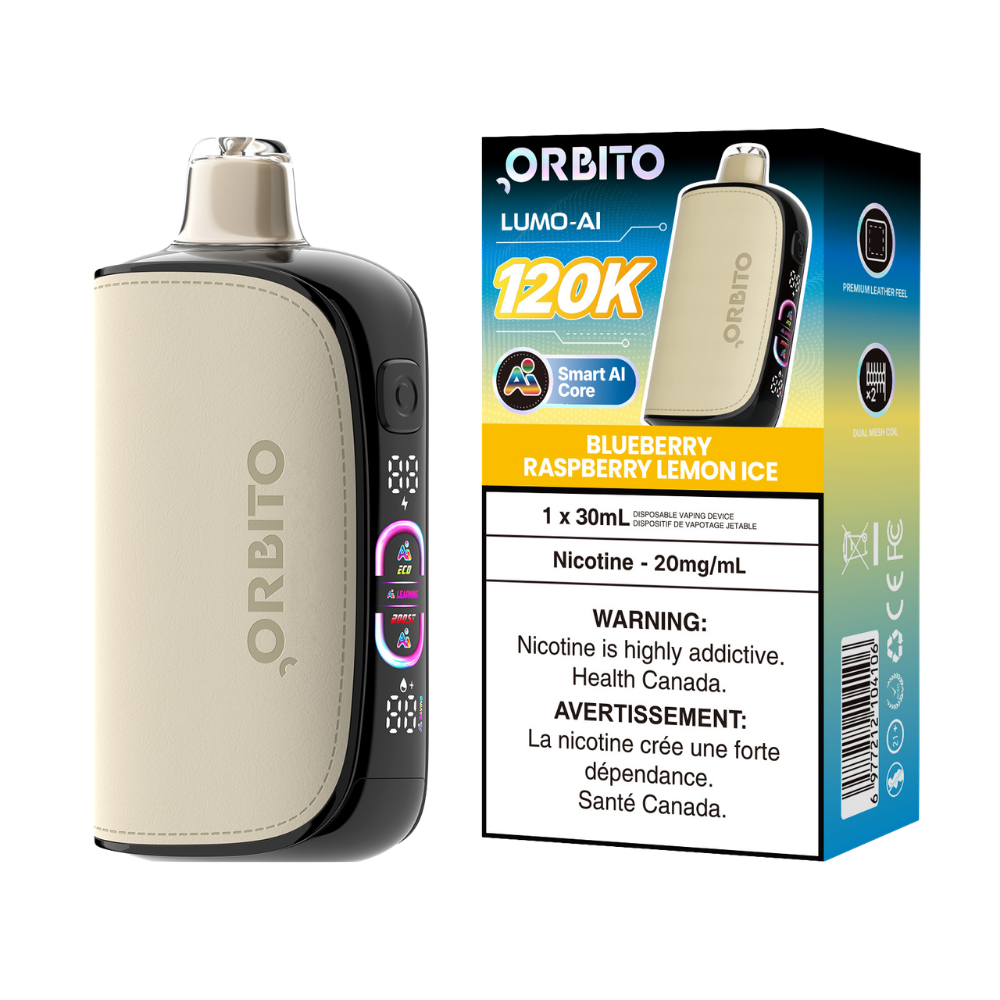 Vape jetable rechargeable Orbito Lumo AI 120k bouffées, myrtille-framboise-citron glacé, 20 mg
