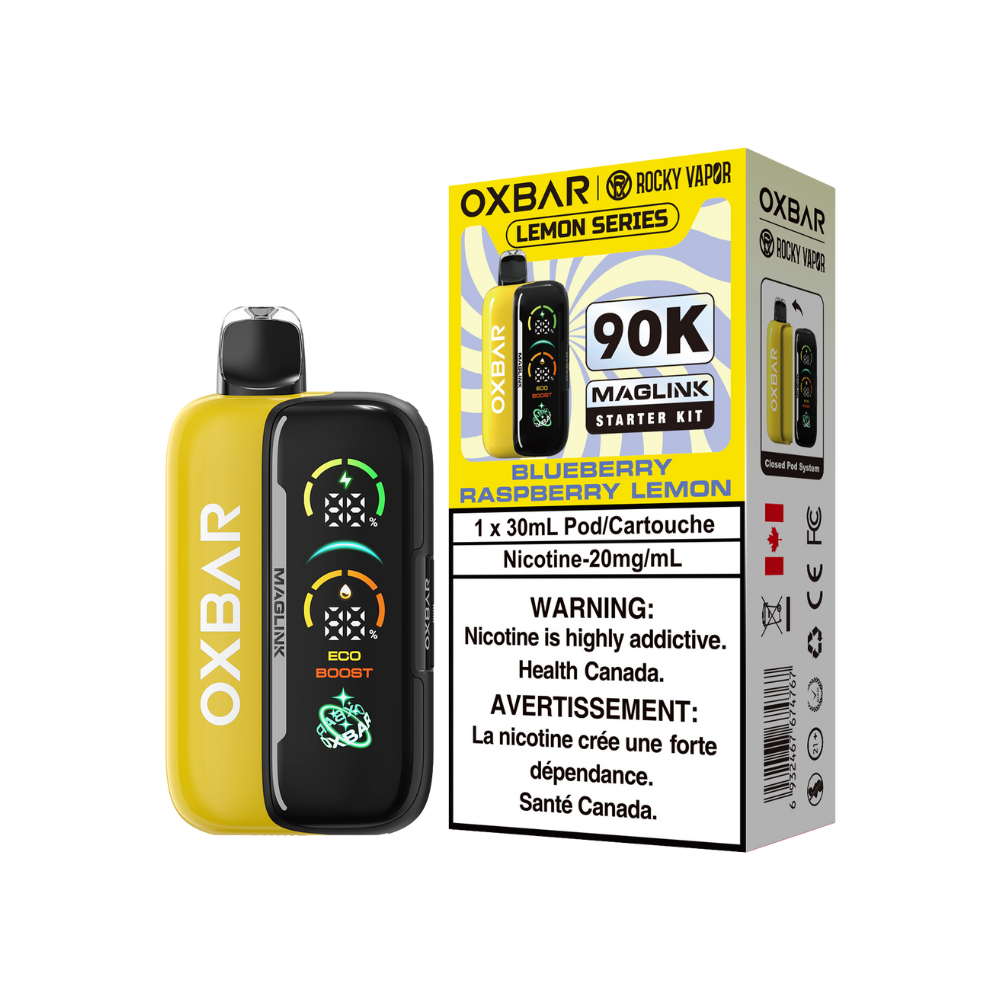 Kit de démarrage Oxbar Rocky Vapor Maglink 90K bouffées - Vape jetable rechargeable/système fermé à pod myrtille, framboise, citron 20Mg