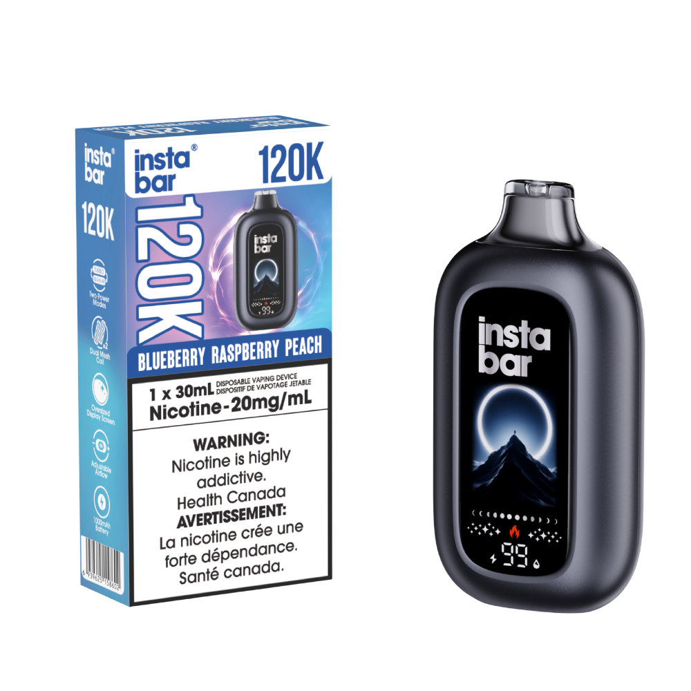 Insta Bar 120K - Vape jetable rechargeable myrtille, framboise, pêche 20 mg