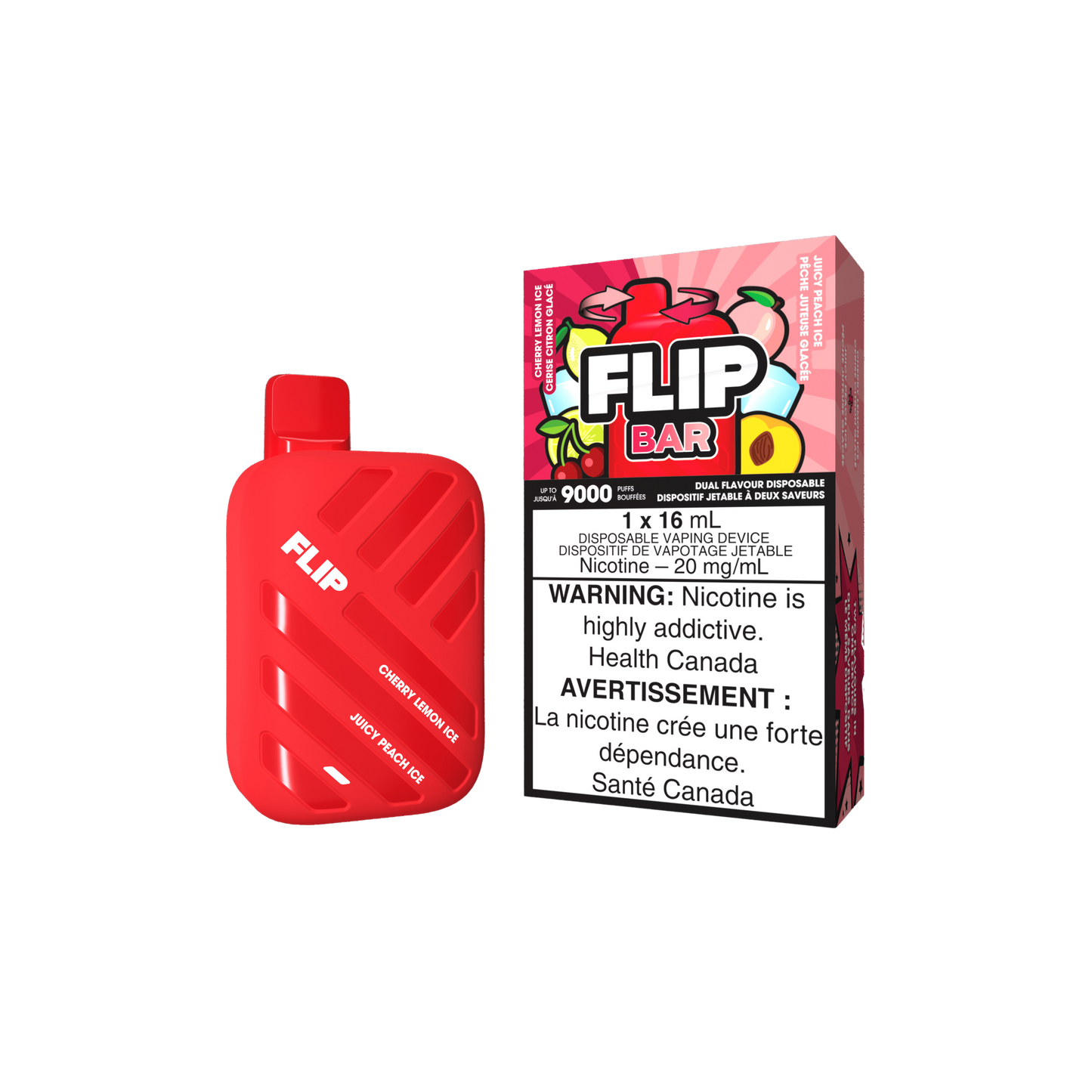 Flip Bar 9K 9000 Puffs Cerise Citron Glacé & Pêche Juteuse Glacée Vape Jetable Rechargeable 20Mg