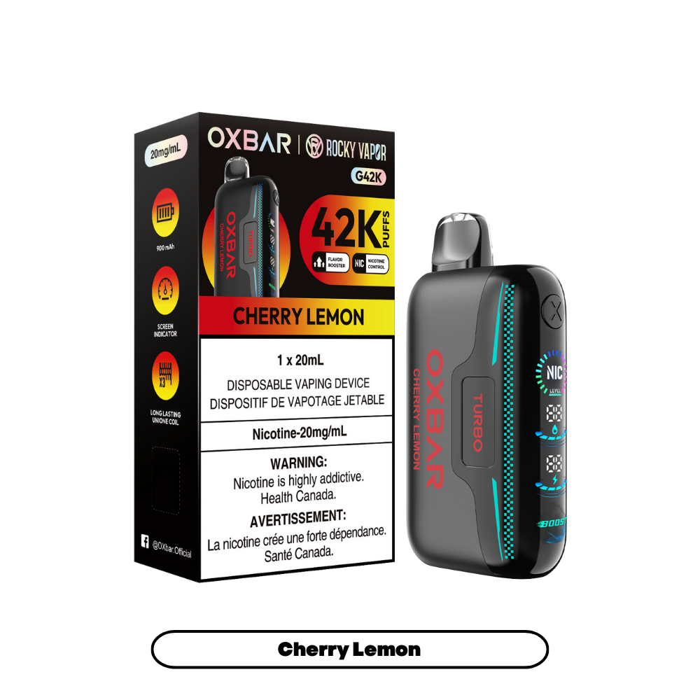 Oxbar Rocky Vapor G42k Cerise Citron 42K Bouffées Nicotine Réglable Rechargeable Vape Jetable 20Mg