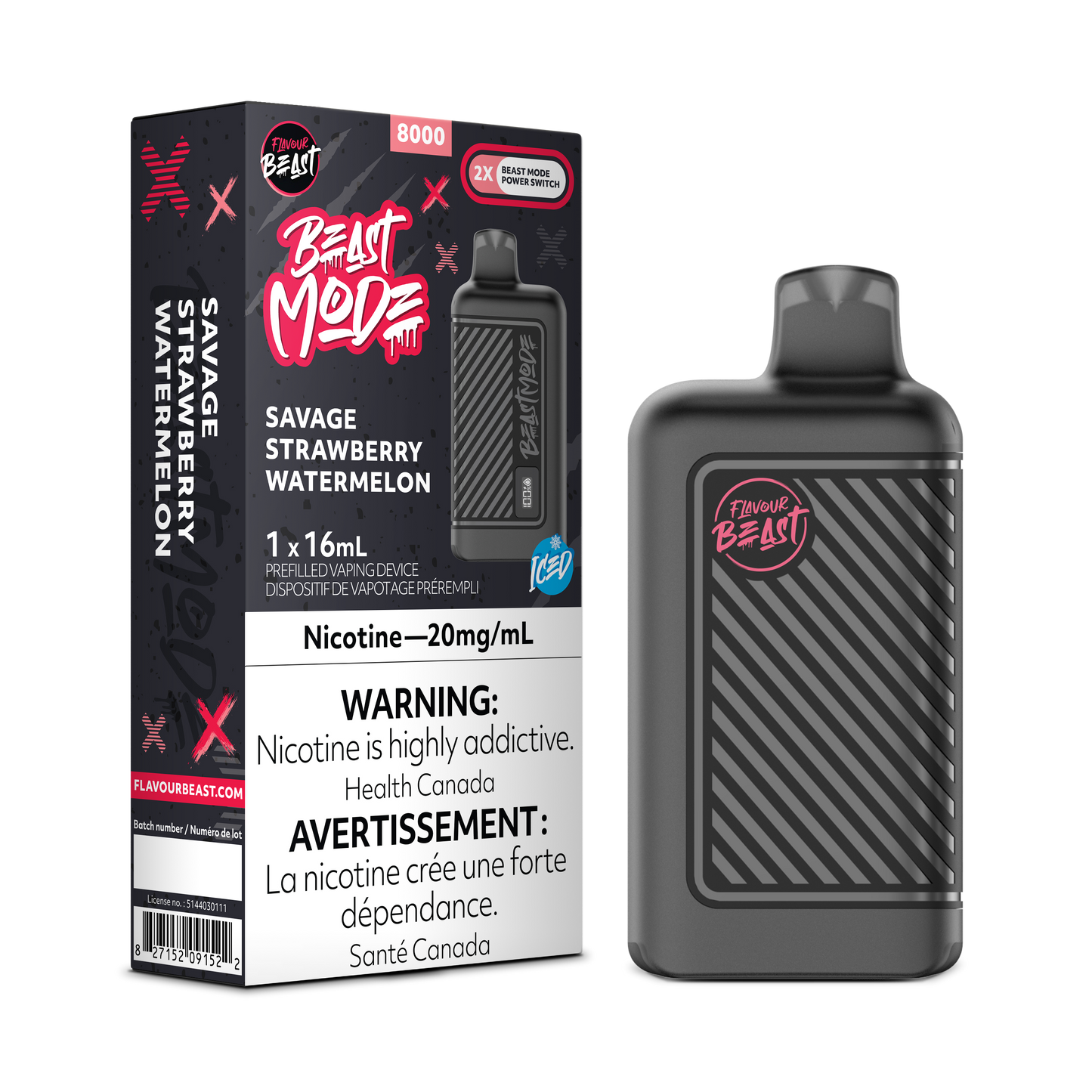 Flavour Beast 8k Beast Mode Savage Strawberry Watermelon Vape jetable rechargeable 20 mg