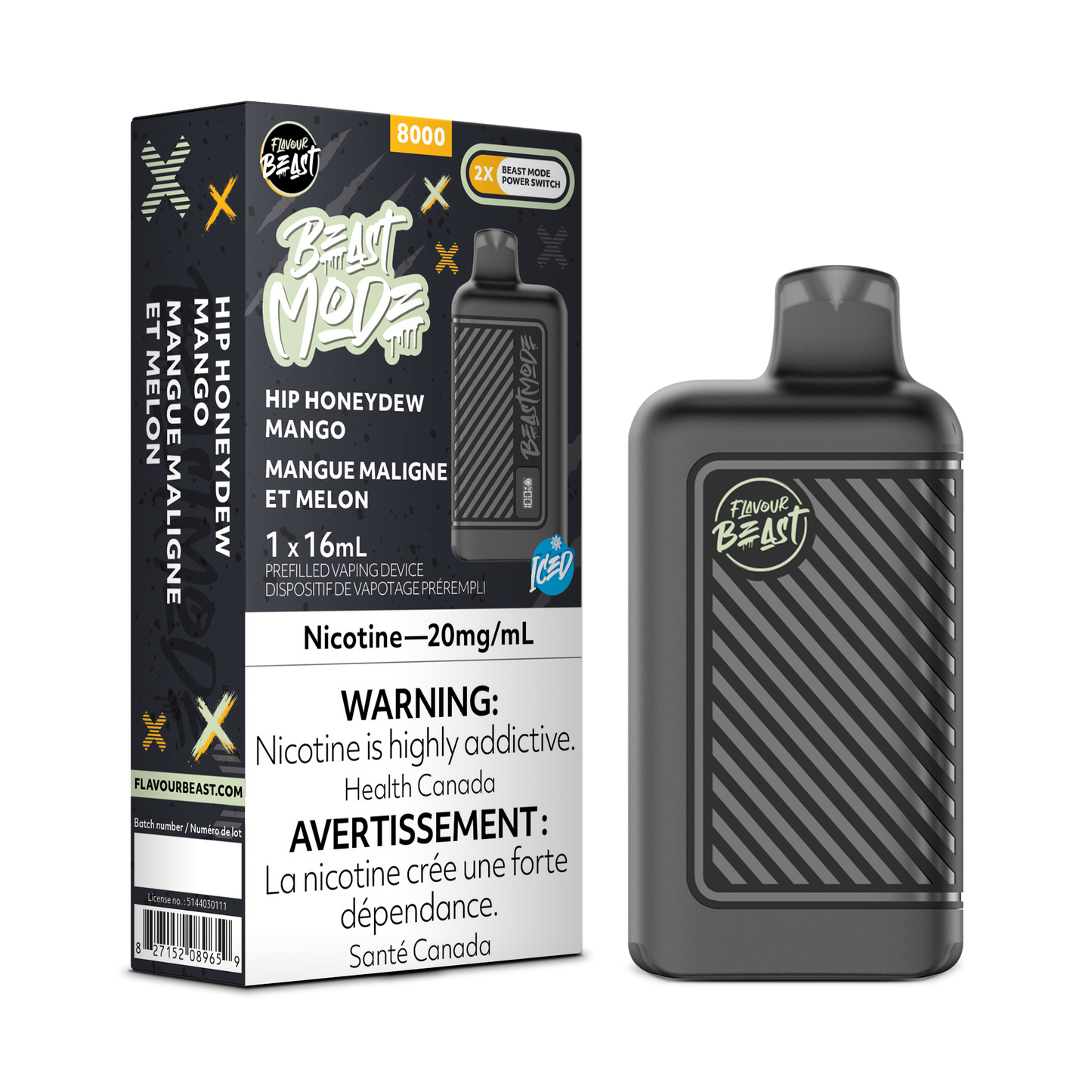 Flavour Beast 8k Beast Mode 8000 Puffs Hip Honeydew Mango Adjustable Wattage Rechargeable Disposable Vape 20Mg