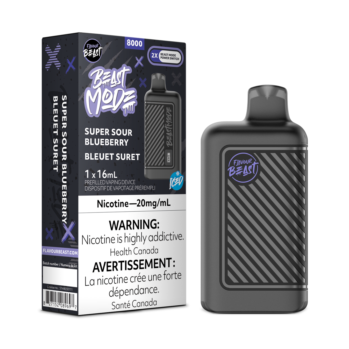 Flavour Beast 8k Beast Mode Super Sour Blueberry Vape jetable rechargeable 20 mg