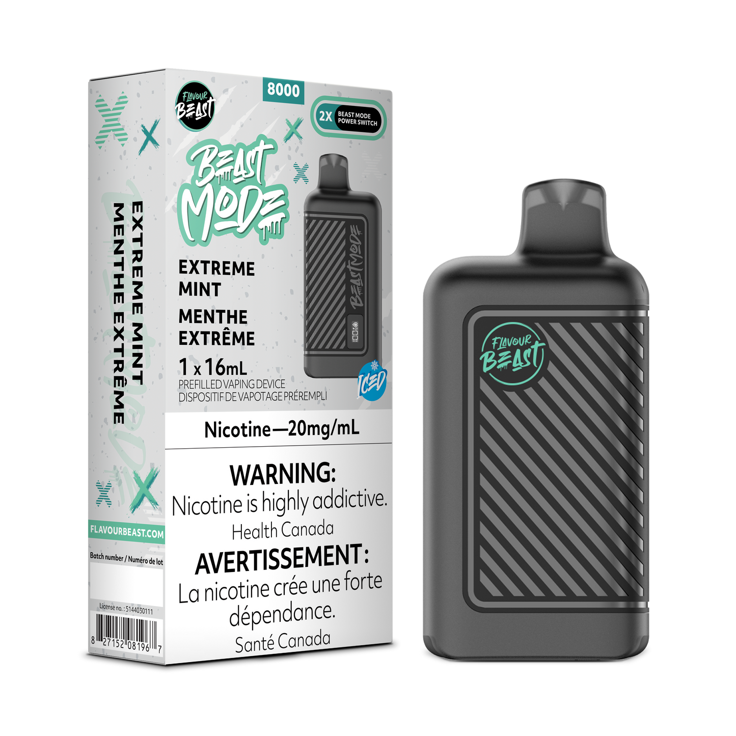 Saveur Beast 8k Beast Mode 8000 Puffs Extreme Mint Puissance réglable Vape jetable rechargeable 20Mg