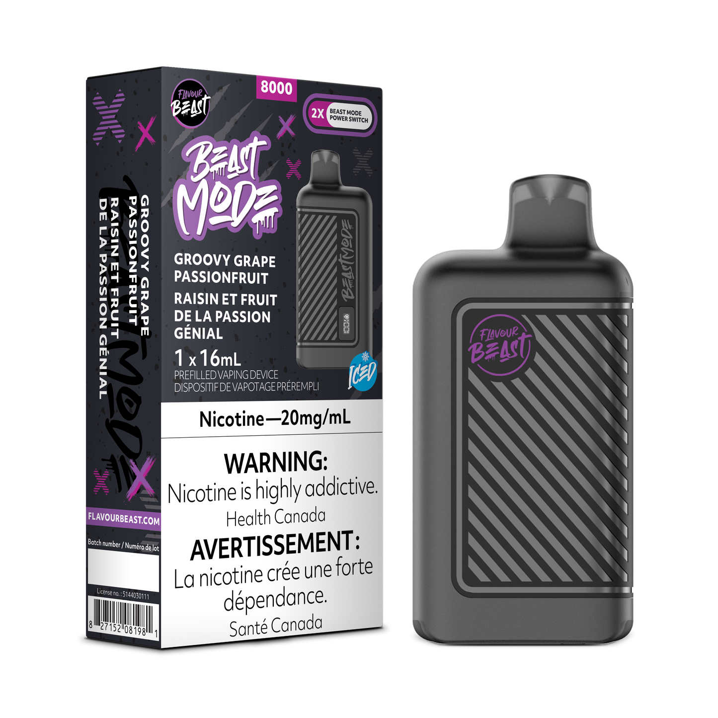 Flavour Beast 8k Beast Mode 8000 Puffs Groovy Grape Passionfruit Adjustable Wattage Rechargeable Disposable Vape 20Mg