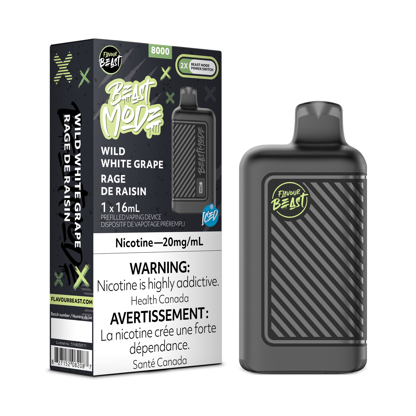 Flavour Beast 8k Beast Mode 8000 Puffs Wild White Grape Adjustable Wattage Rechargeable Disposable Vape 20Mg