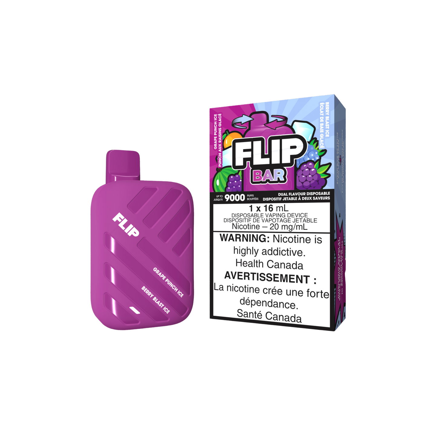 Flip Bar 9K 9000 Puffs Grape Punch Ice & Berry Blast Ice Rechargeable Disposable Vape 20Mg