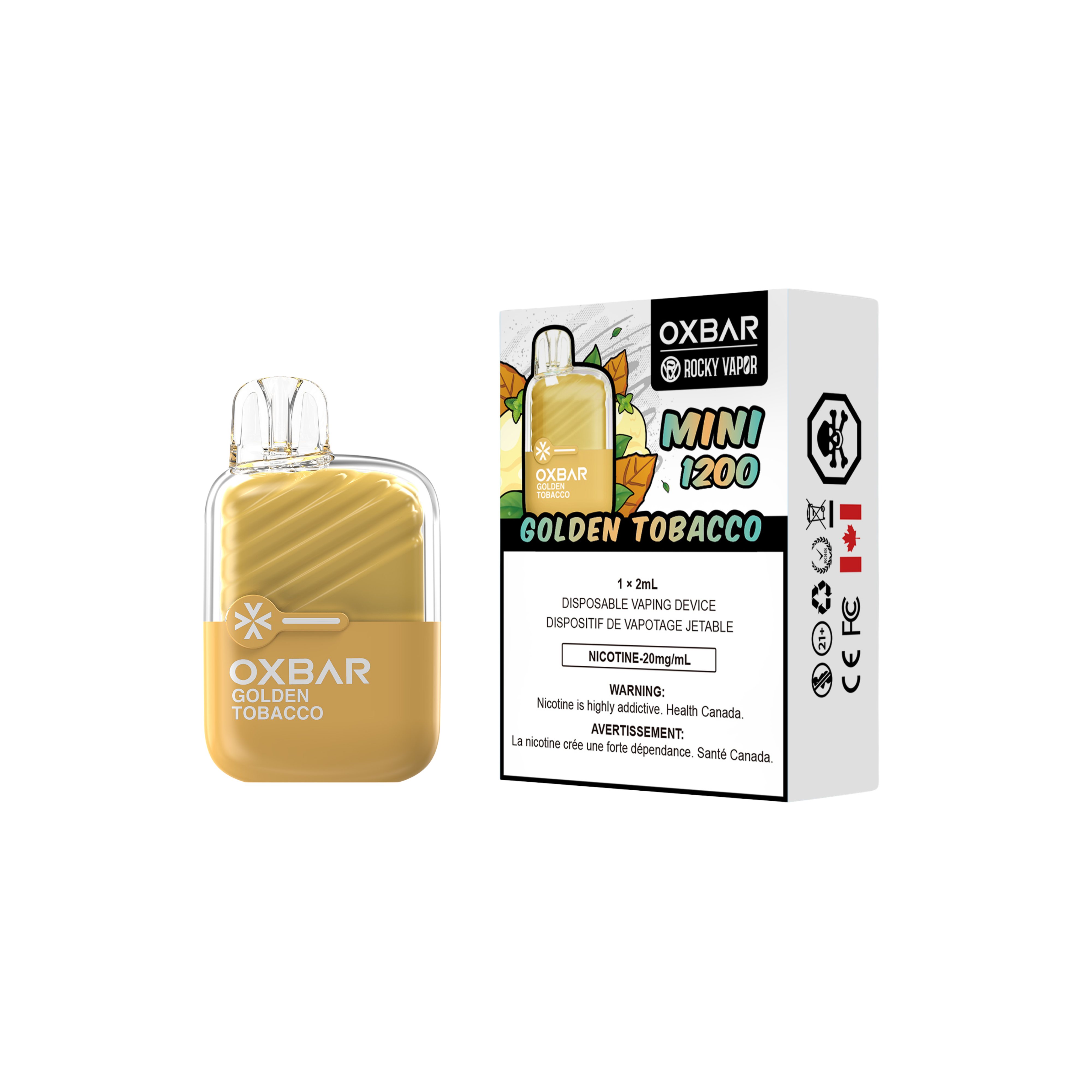 Oxbar Rocky Vapor Mini 1200 Puffs Vape jetable au tabac doré 20 mg