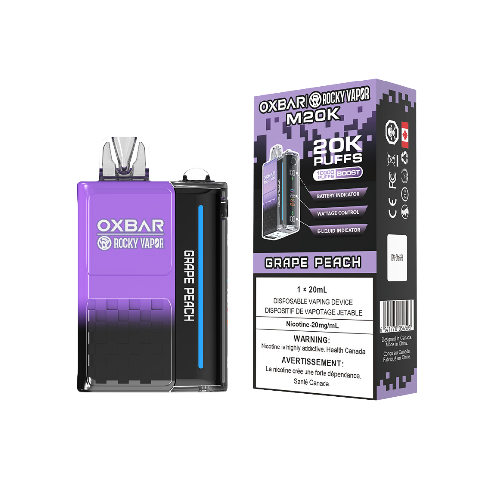 Oxbar Rocky Vapor M20K 20K Puffs Grape Peach Vape jetable rechargeable à puissance réglable 20 mg