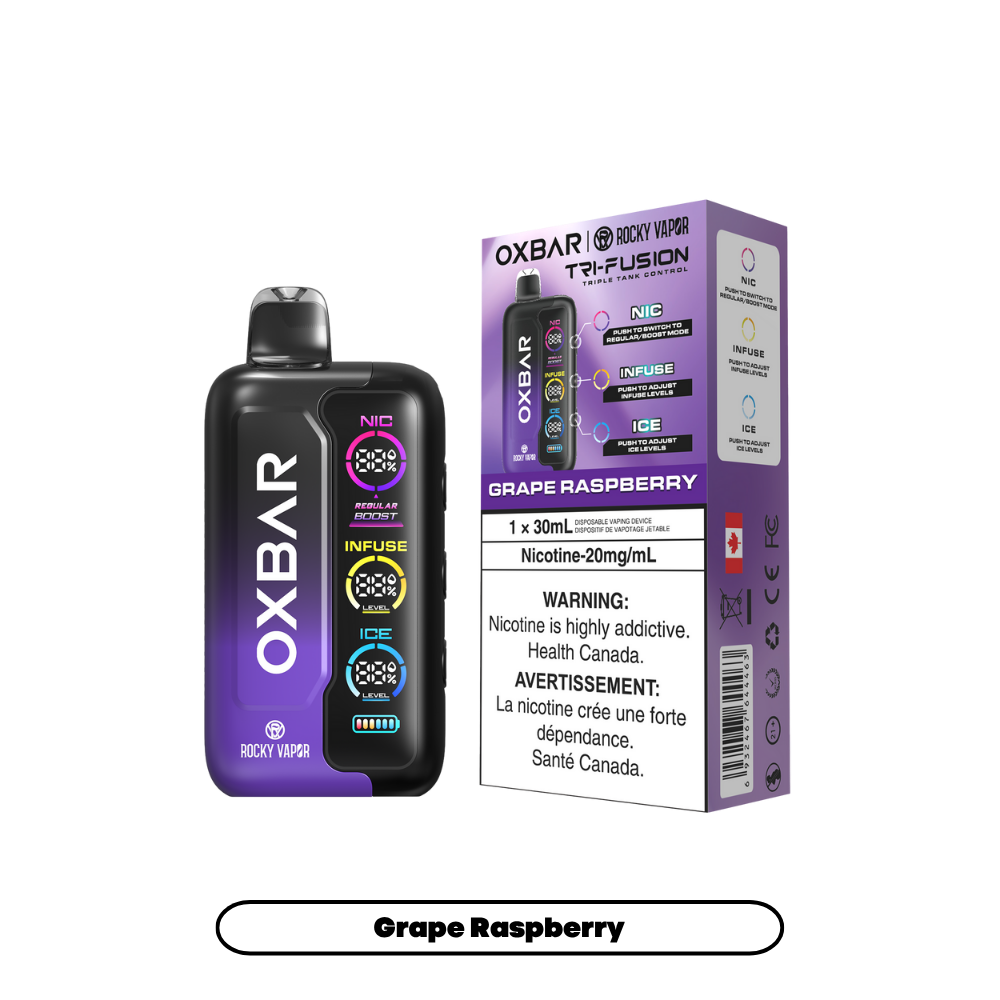 Oxbar Rocky Vapor Tri Fusion - Vape jetable rechargeable Raisin Framboise 20 mg