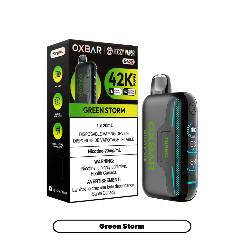 Oxbar Rocky Vapor G42k Tempête Verte 42K Bouffées Vape jetable rechargeable à nicotine réglable 20mg