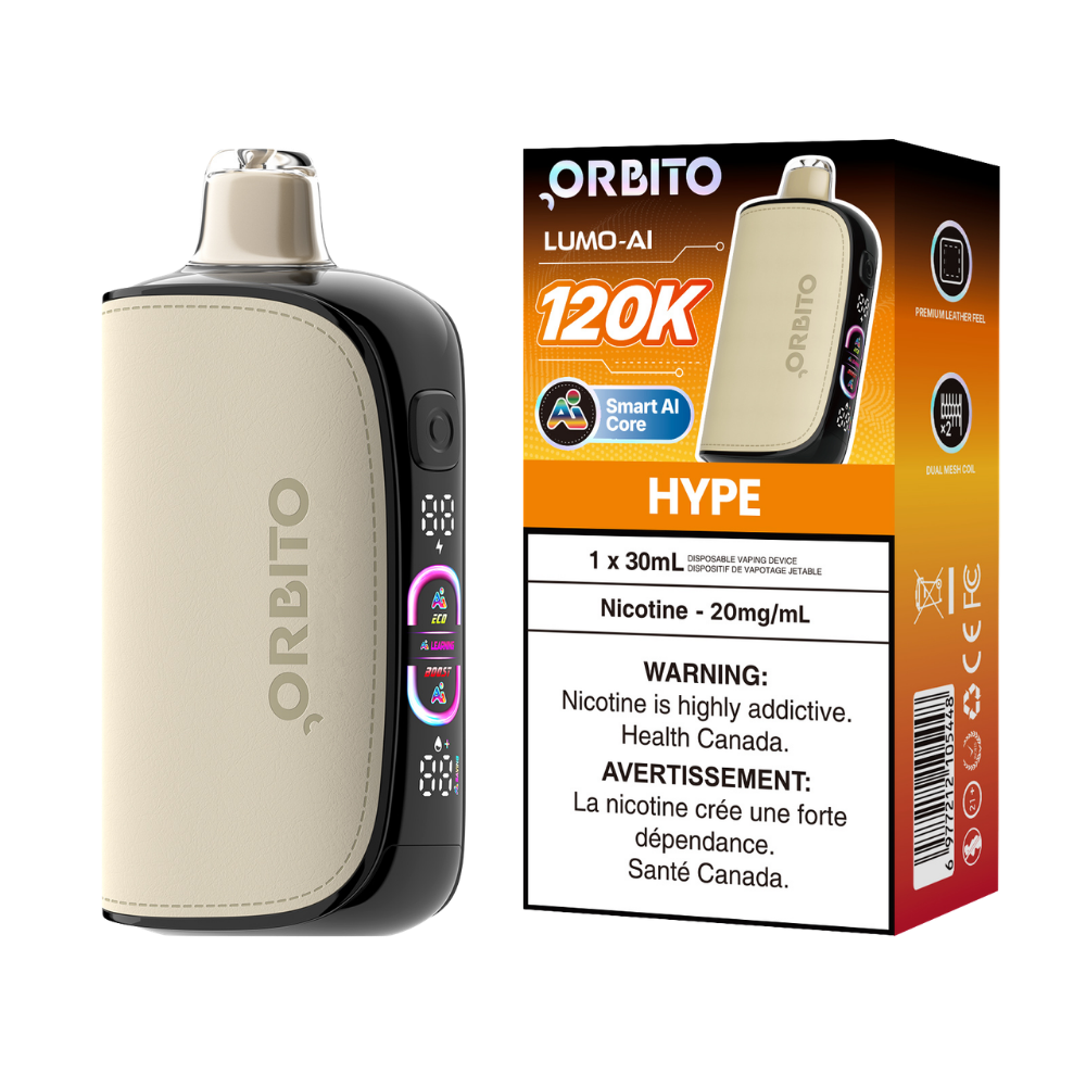 Vape jetable rechargeable Orbito Lumo AI 120k bouffées Hype 20 mg