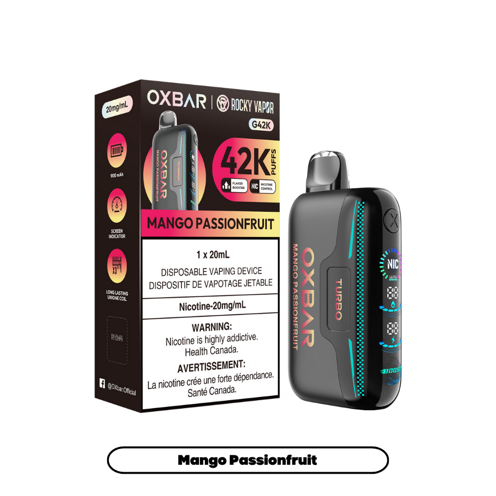 Oxbar Rocky Vapor G42k Mangue Fruit de la Passion 42K Bouffées Nicotine Réglable Rechargeable Vape Jetable 20Mg
