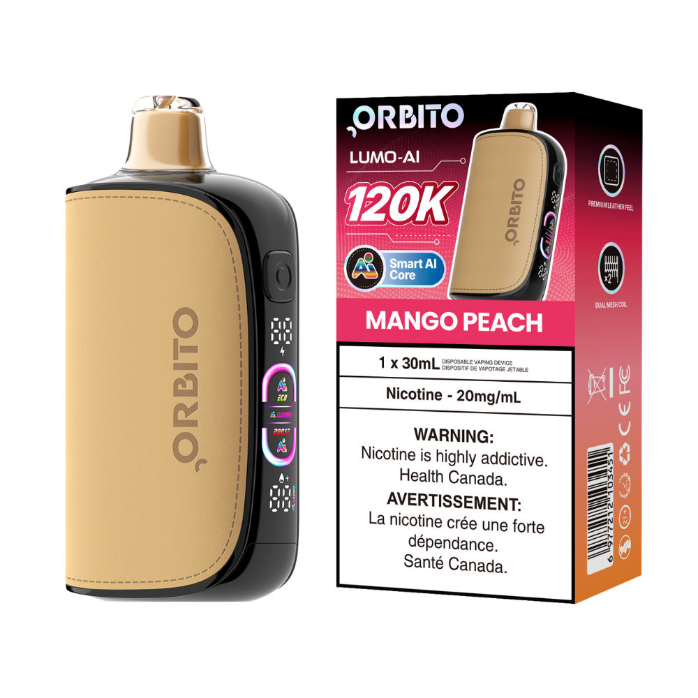 Orbito Lumo AI 120 000 bouffées Vape jetable rechargeable Mangue Pêche 20 mg