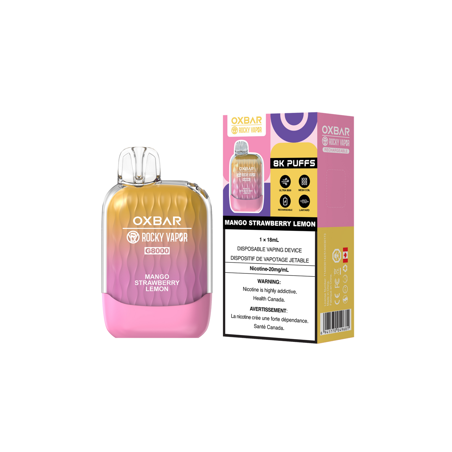 Oxbar Rocky Vapor G 8000 8000 Puffs Mangue Fraise Citron Vape Jetable Rechargeable 20Mg