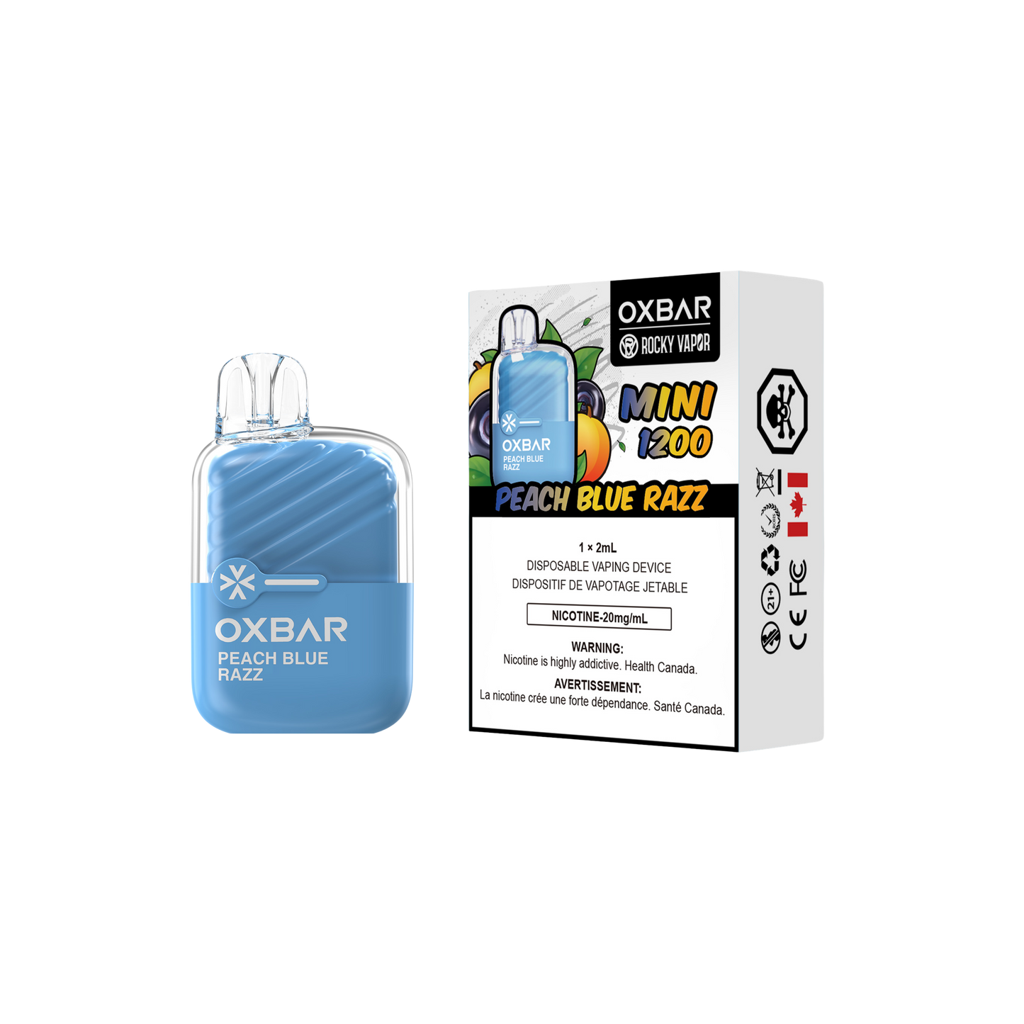 Oxbar Rocky Vapor Mini 1200 Puffs Peach Blueberry Raspberry Disposable Vape 20Mg