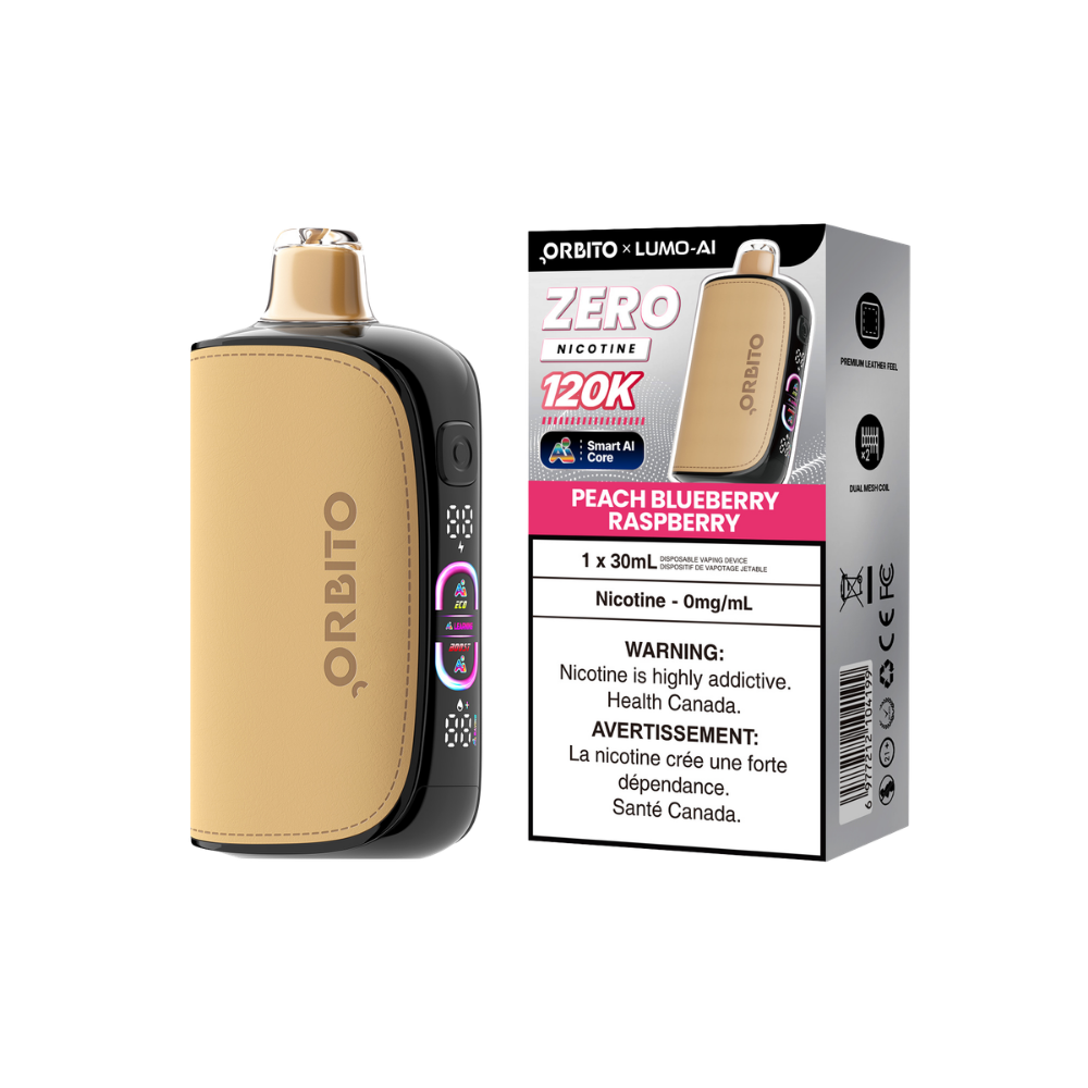 Vape jetable rechargeable Orbito Lumo AI 120k bouffées, pêche, myrtille et framboise, 0 mg