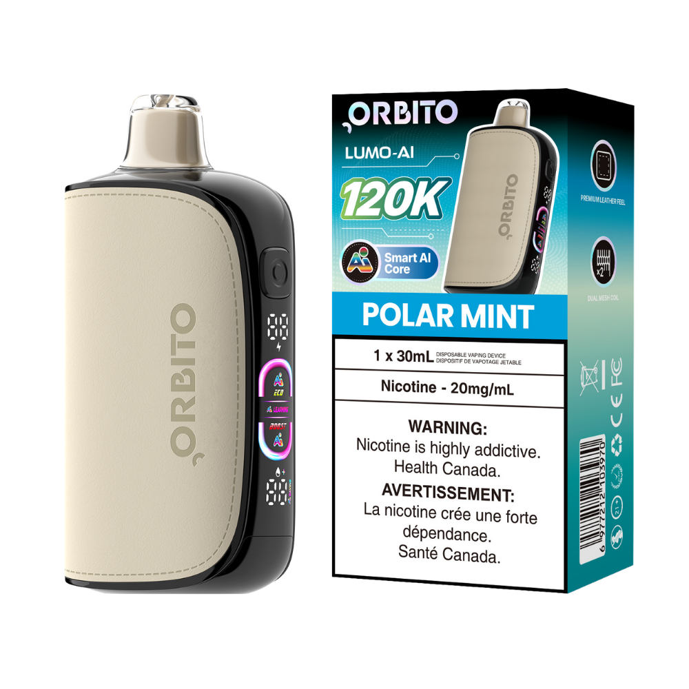 Vape jetable rechargeable Orbito Lumo AI 120k bouffées Polar Mint 20 mg