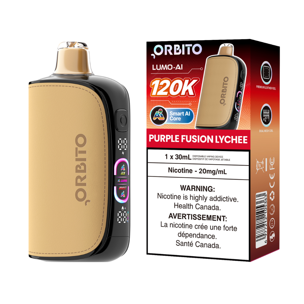Cigarette électronique jetable rechargeable Orbito Lumo AI 120k bouffées Purple Fusion Lychee 20 mg
