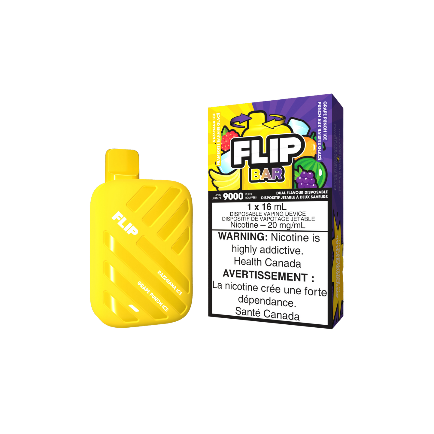Flip Bar 9K 9000 Puffs Razz Nana Ice & Grape Punch Ice Vape jetable rechargeable 20 mg