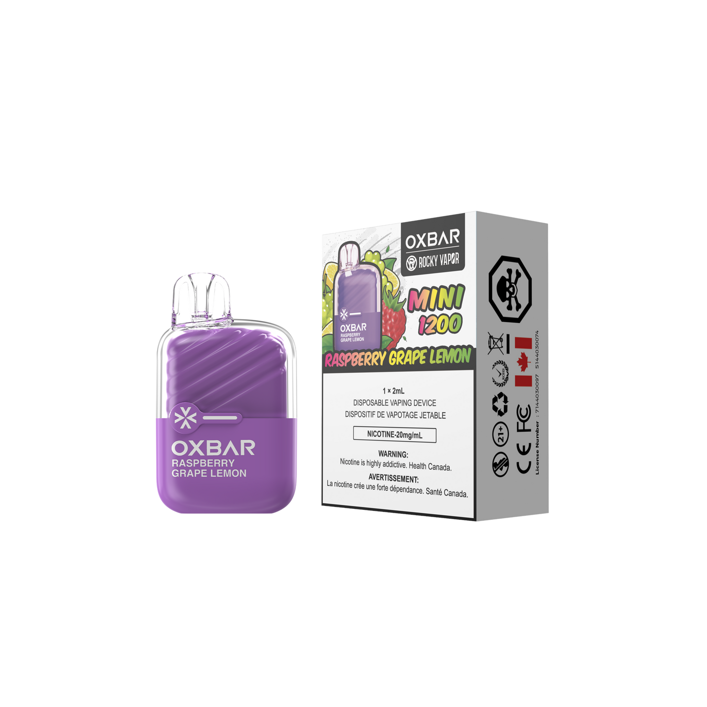 Oxbar Rocky Vapor Mini 1200 bouffées framboise raisin citron vape jetable 20Mg