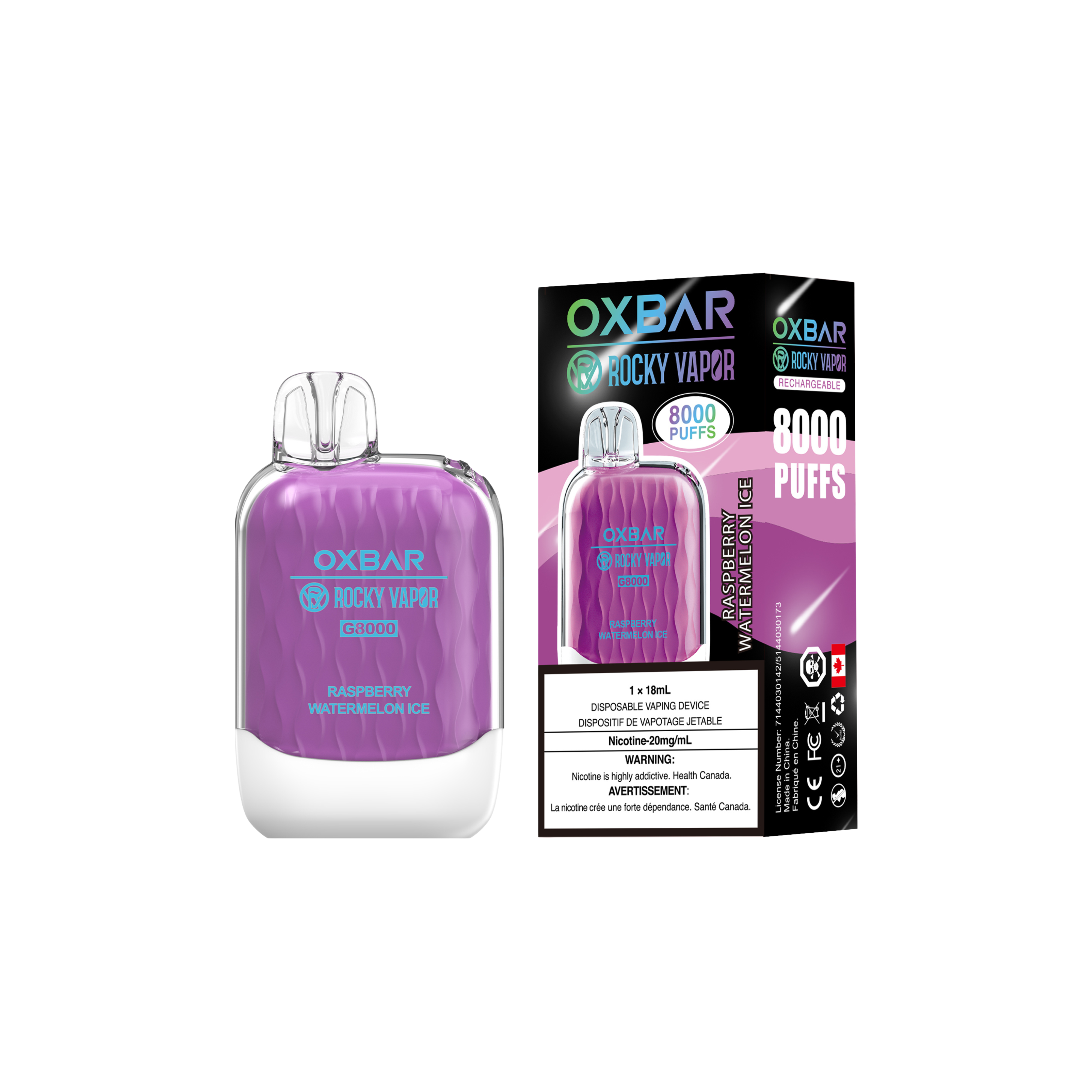 Oxbar Rocky Vapor G 8000 8000 Bouffées Framboise Pastèque Glacée Vape Jetable Rechargeable 20Mg