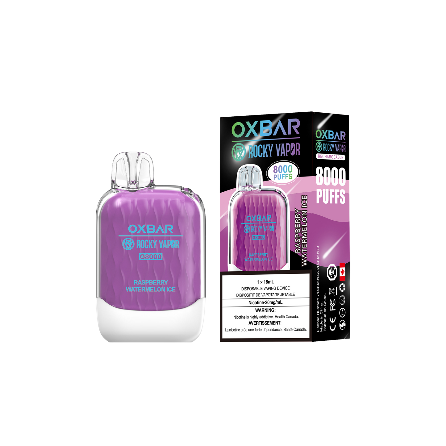 Oxbar Rocky Vapor G 8000 8000 Puffs Framboise Pastèque Glace Vape Jetable Rechargeable 20Mg
