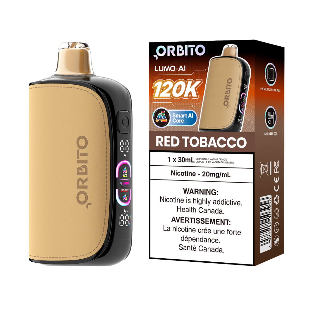 Vape jetable rechargeable Orbito Lumo AI 120k bouffées Tabac Rouge 20 mg