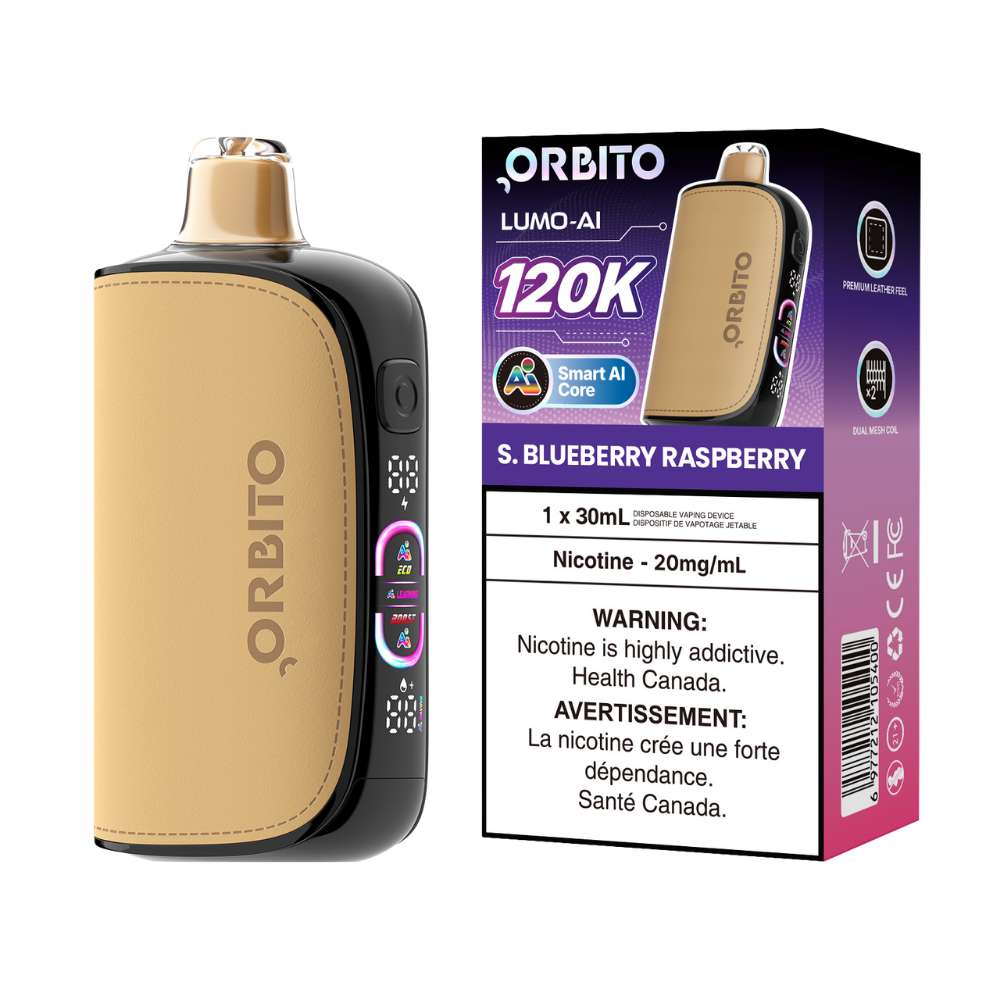 Vape jetable rechargeable Orbito Lumo AI 120k bouffées S. Myrtille Framboise 20Mg