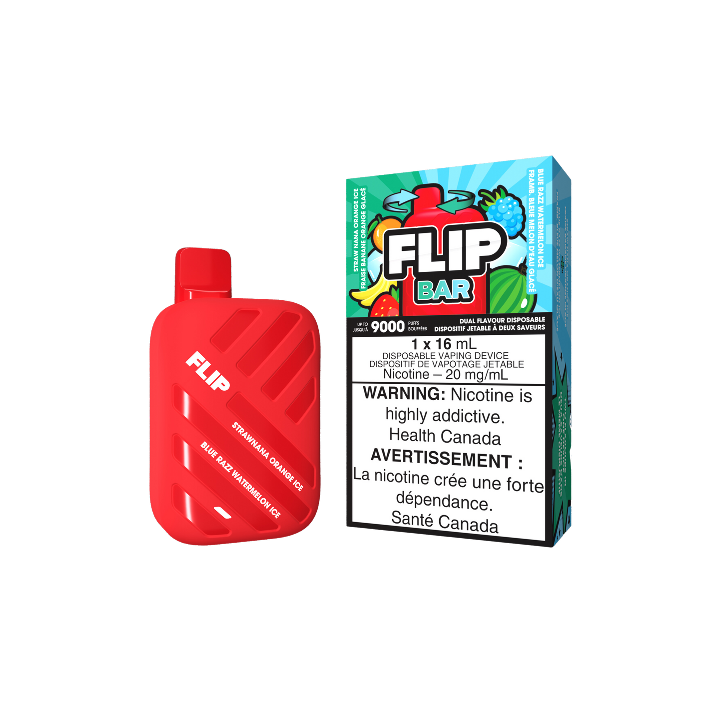 Flip Bar 9K 9000 Puffs Straw Nana Orange Ice & Blue Razz Watermelon Ice Vape jetable rechargeable 20 mg