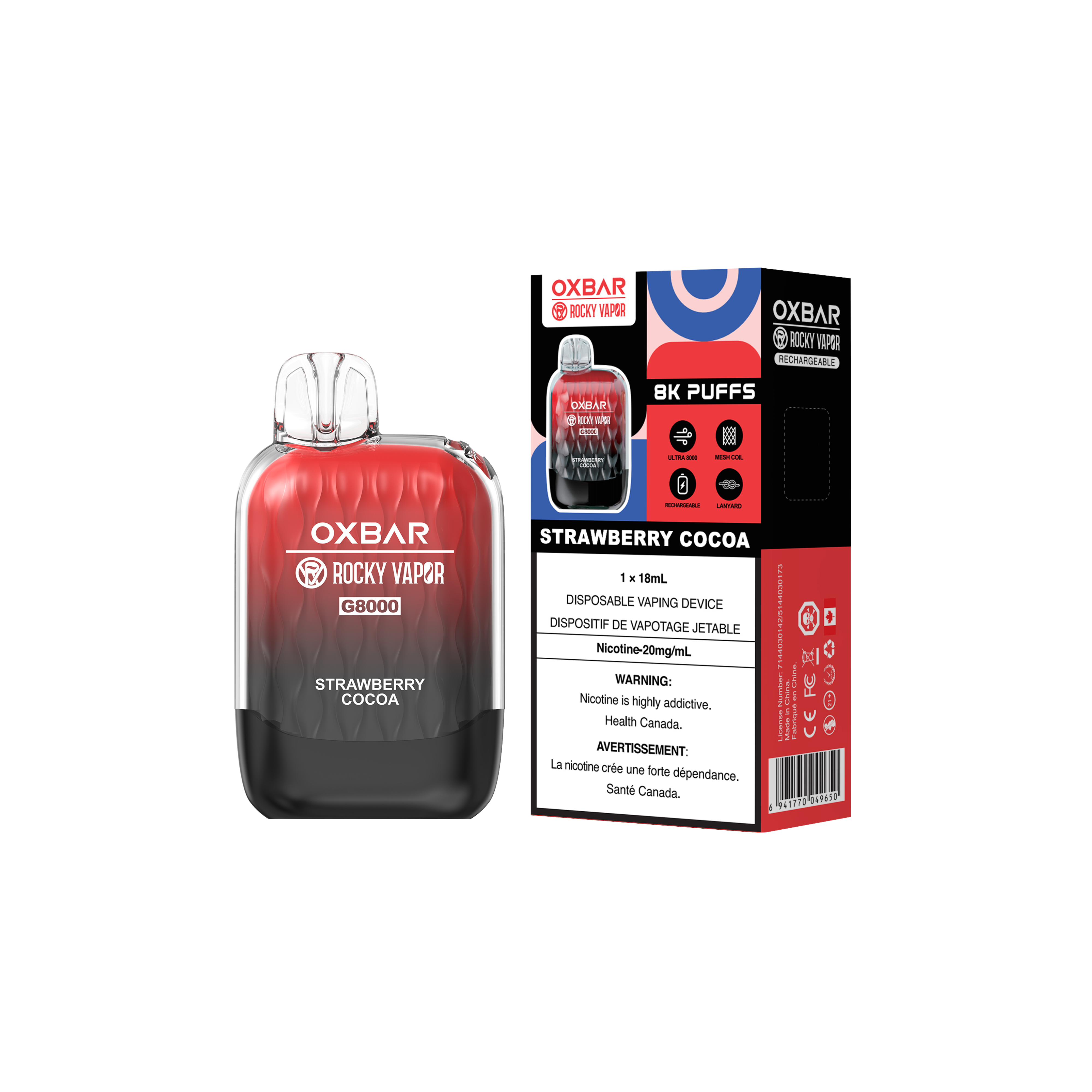 Oxbar Rocky Vapor G 8000 8000 Bouffées Fraise Cacao Vape Jetable Rechargeable 20Mg