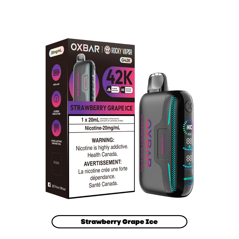 Oxbar Rocky Vapor G42k Glace Fraise Raisin 42K Bouffées Nicotine Ajustable Rechargeable Vape Jetable 20Mg