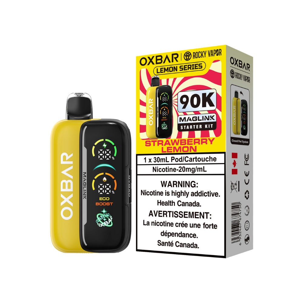 Kit de démarrage Oxbar Rocky Vapor Maglink 90K bouffées - Vape jetable rechargeable/système fermé à dosettes Fraise Citron 20Mg