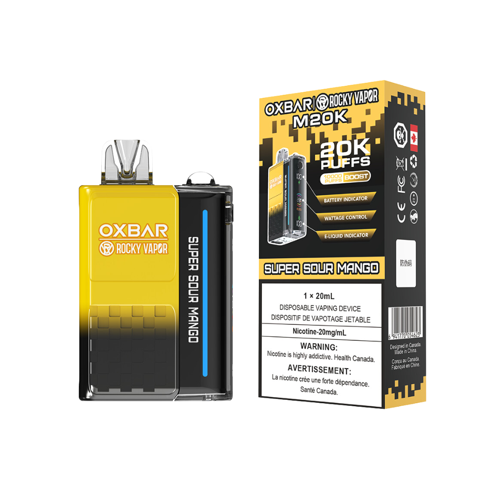 Oxbar Rocky Vapor M20K 20K Puffs Super Sour Mango Vape jetable rechargeable à puissance réglable 20 mg