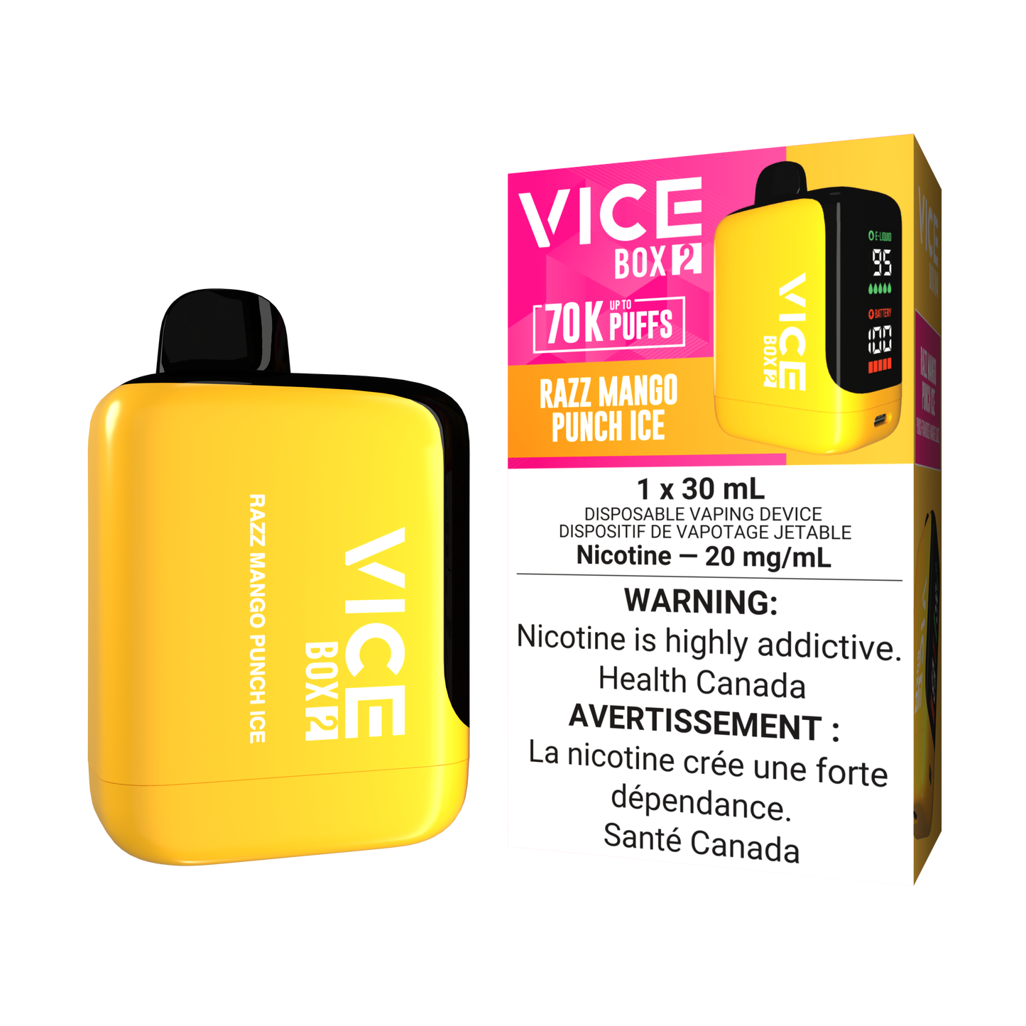 Vice Box 2 70k bouffées Razz Mangue Punch Glacé Vape jetable rechargeable 20Mg