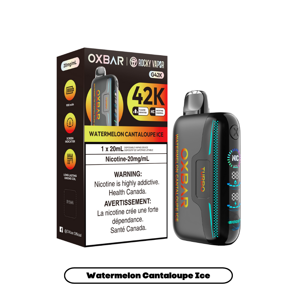 Oxbar Rocky Vapor G42k Glace Pastèque Cantaloup 42K Bouffées Nicotine Ajustable Rechargeable Vape Jetable 20Mg