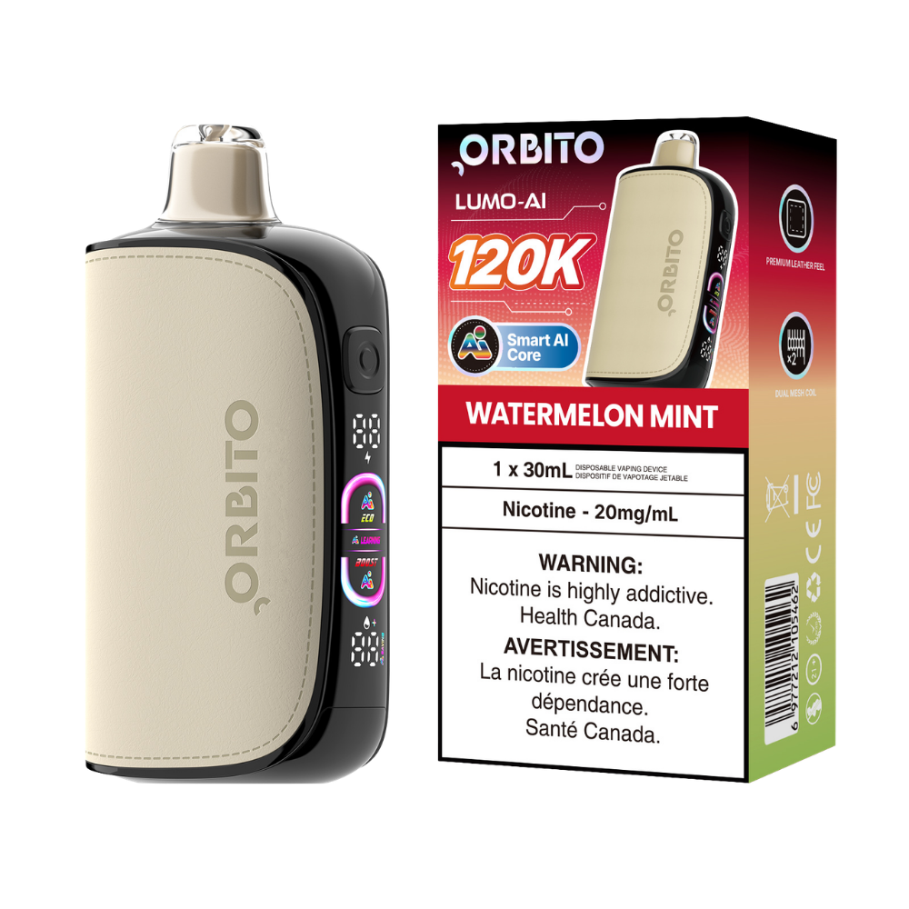 Cigarette électronique jetable rechargeable Orbito Lumo AI 120k bouffées Pastèque Menthe 20 mg