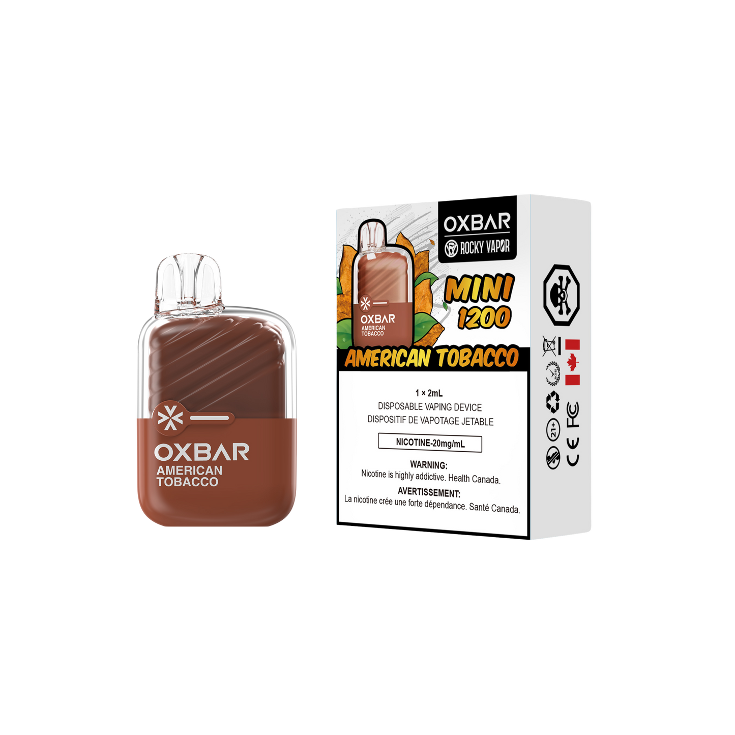 Oxbar Rocky Vapor Mini 1200 Puffs Vape jetable au tabac américain 20 mg