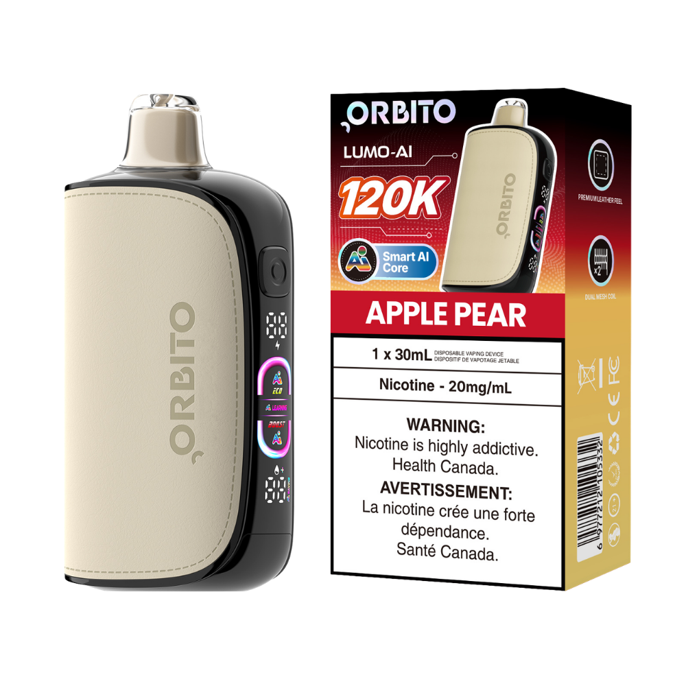Vape jetable rechargeable Orbito Lumo AI 120k bouffées Pomme Poire 20 mg