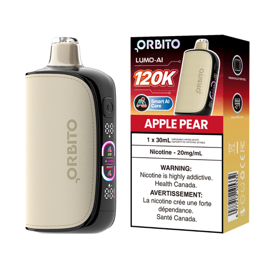 Vape jetable rechargeable Orbito Lumo AI 120k bouffées Pomme Poire 20 mg