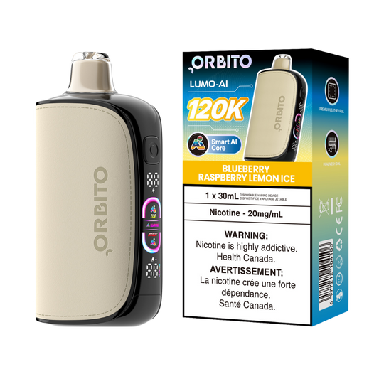 Vape jetable rechargeable Orbito Lumo AI 120k bouffées, myrtille-framboise-citron glacé, 20 mg