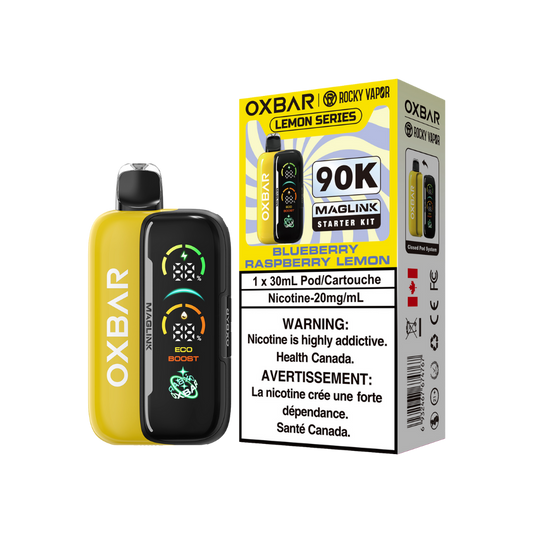 Kit de démarrage Oxbar Rocky Vapor Maglink 90K bouffées - Vape jetable rechargeable/système fermé à pod myrtille, framboise, citron 20Mg
