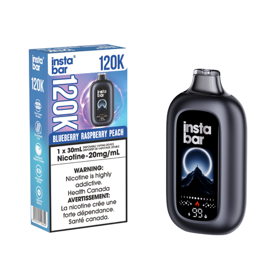 Insta Bar 120K - Vape jetable rechargeable myrtille, framboise, pêche 20 mg