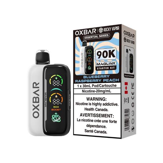 Kit de démarrage Oxbar Rocky Vapor Maglink 90K bouffées - Vape jetable rechargeable/système fermé à pod myrtille framboise pêche 20Mg