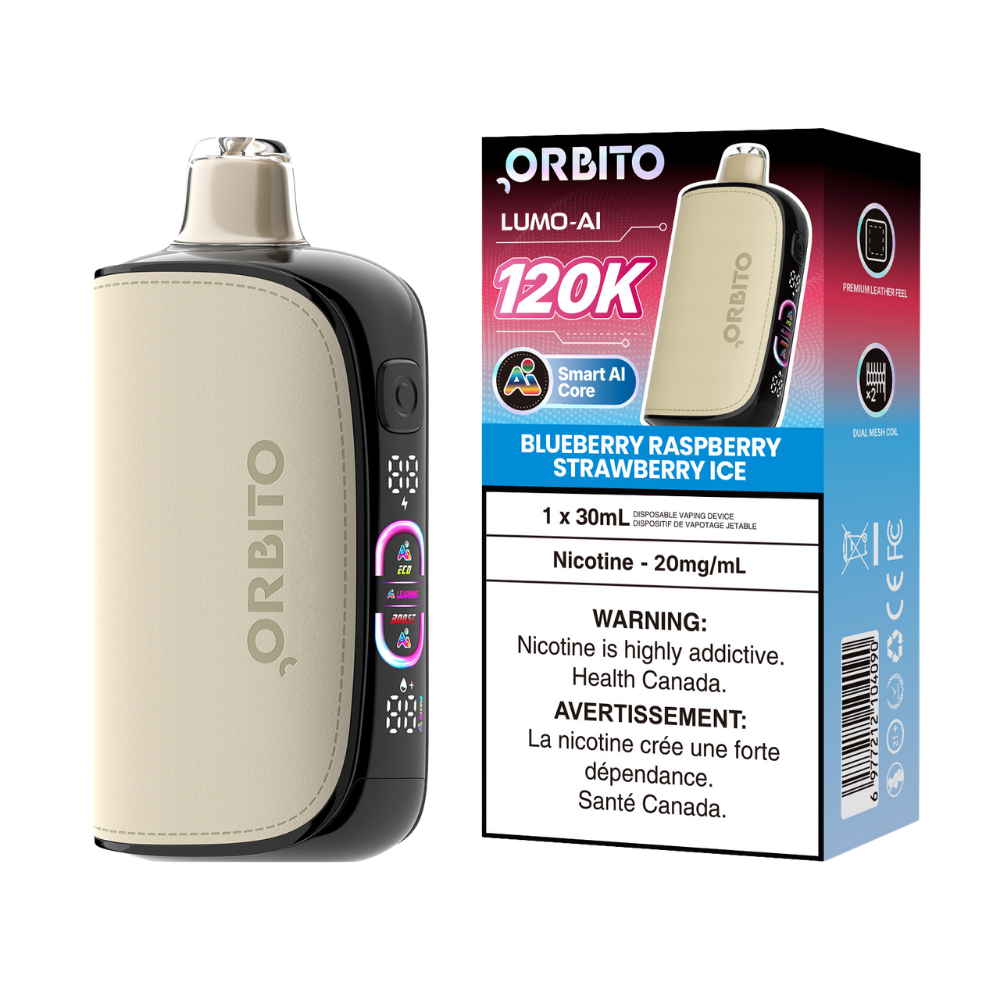 Vape jetable rechargeable Orbito Lumo AI 120k bouffées, myrtille-framboise-fraise glacée, 20 mg